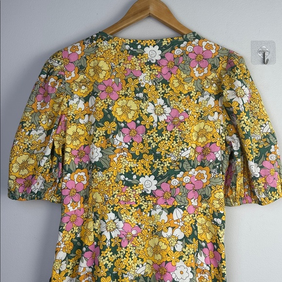 RAHI The Petra Dress Puff Sleeve Ruched Fauxed Wrap Ruffle Floral Cotton Large - Picture 14 of 16